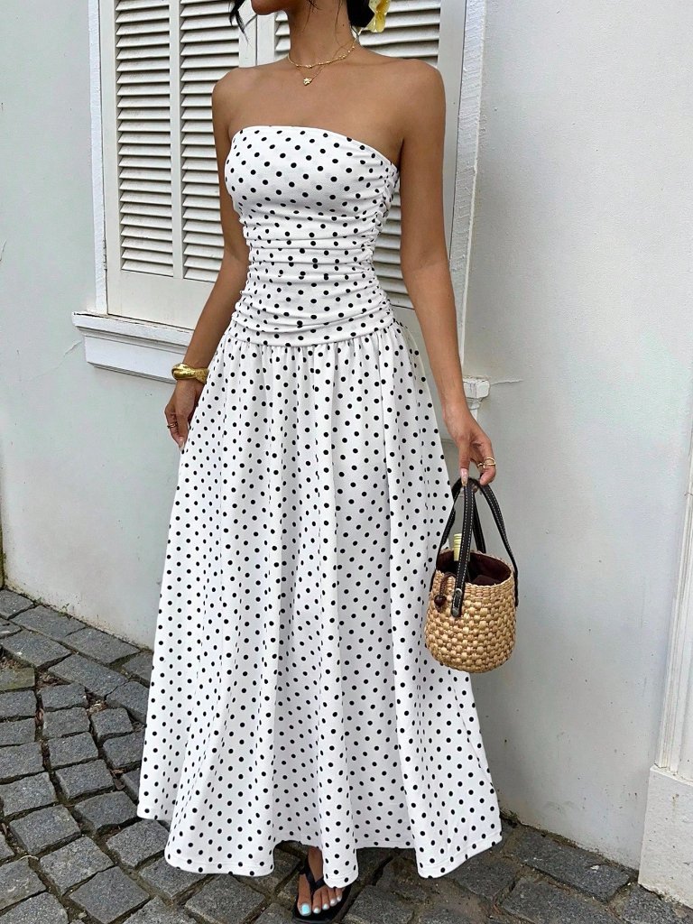 Black And White Casual Women's With Polka Dots Strapless Maxi Tube Dress